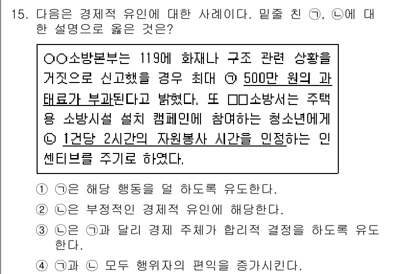 소방공무원(공개)_사회(구) 2021년 15번 - 이 문제는 경제적 유인의 정의와 관련된 상황을 묘사하고 있습니다. 주어진... 에 관한 핵심 기출문제