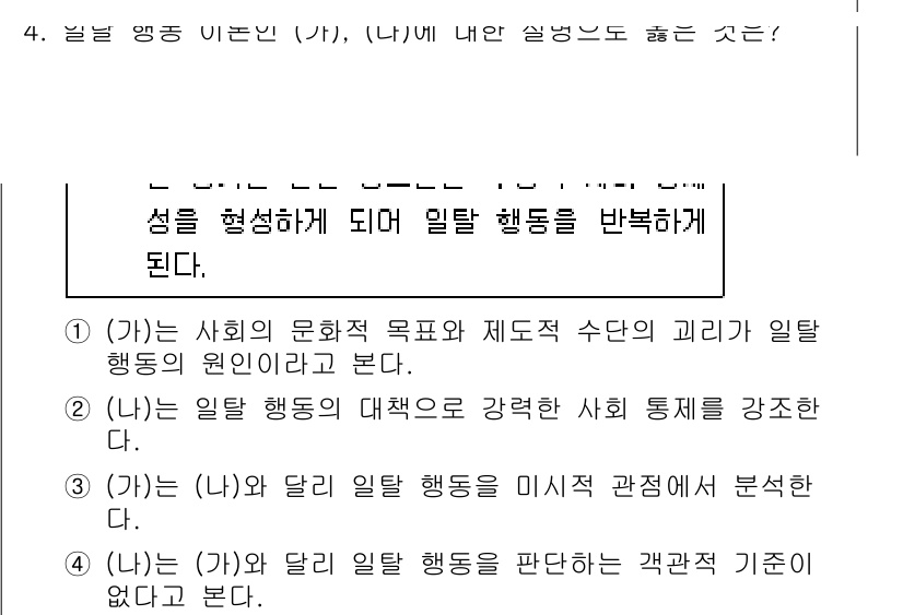 소방공무원(공개)_사회(구) 2021년 4번 - 정답 '4'는 (나)와 (가)의 일탈 행동 분석 시 관점의 차이를 강조합... 에 관한 핵심 기출문제