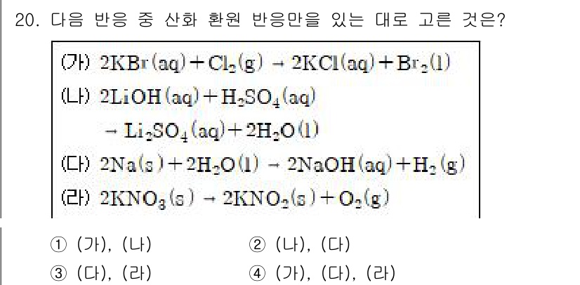 소방공무원(공개)_과학(구) 2021년 20번 - 주어진 문제에서 산화환원 반응은 전자가 이동하는 반응입니다. (가)와 (... 에 관한 핵심 기출문제