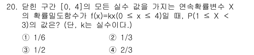 소방공무원(공개)_수학(구) 2021년 20번 - 주어진 확률밀도함수 \( f(x) = k \)는 구간 \([0, 4]\)... 에 관한 핵심 기출문제