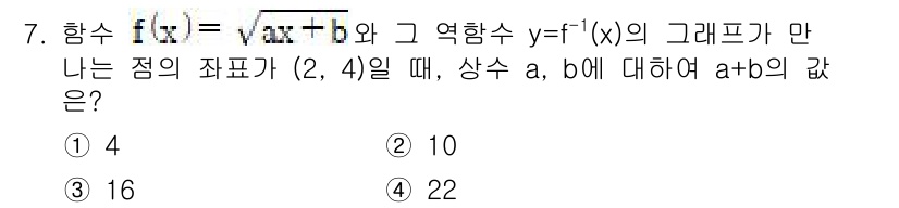 소방공무원(공개)_수학(구) 2021년 7번 - 주어진 함수 f(x) = √(ax + b)의 그래프가 점 (2, 4)을 ... 에 관한 핵심 기출문제