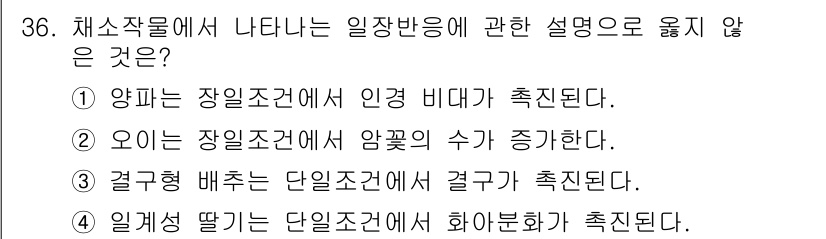 농산물품질관리사_1차 2015년 36번 - 정답인 '2'번은 오이가 장일조건에서 암꽃의 수가 증가한다는 주장이 일장... 에 관한 핵심 기출문제