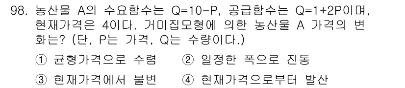 농산물품질관리사_1차 2015년 98번 - 농산물 A의 수요함수와 공급함수가 주어졌을 때, 시장 가격이 40으로 설... 에 관한 핵심 기출문제