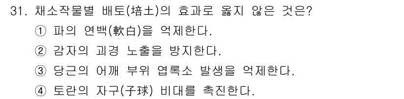 농산물품질관리사_1차 2016년 31번 - 정답인 '1'번, "파의 연백(軟白)을 억제한다"는 배토의 효과와 관련이... 에 관한 핵심 기출문제