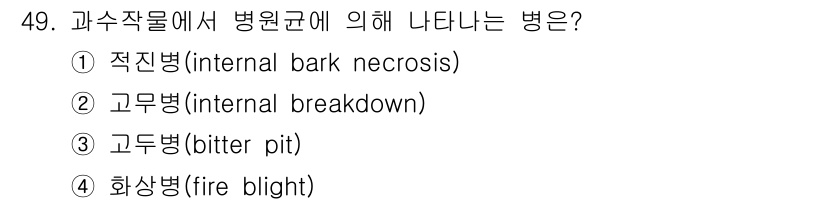 농산물품질관리사_1차 2016년 49번 - 정답 '4' 화상병(fire blight)은 과수작물에서 병원균에 의해 ... 에 관한 핵심 기출문제