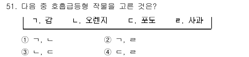 농산물품질관리사_1차 2016년 51번 - 호흡급등형 작물은 같은 계통에 속하며, 유사한 특성을 가지는 작물을 말합... 에 관한 핵심 기출문제
