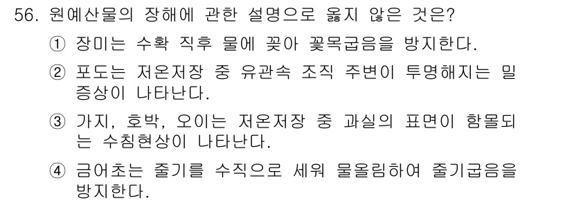 농산물품질관리사_1차 2016년 56번 - 정답 '2'가 맞는 이유는 '포도는 저온저장 중 유관속 조직 주변에 투명... 에 관한 핵심 기출문제