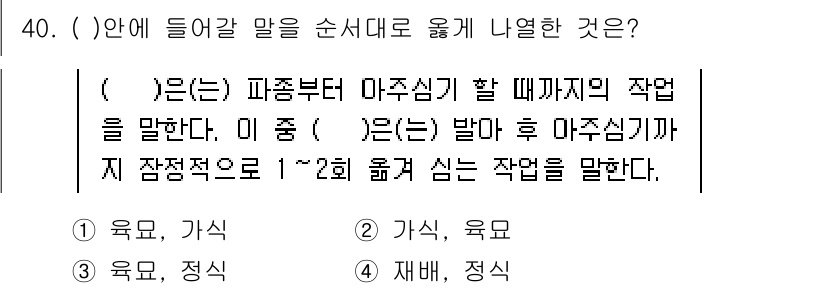 농산물품질관리사_1차 2017년 40번 - 정답 '1'의 해설은 다음과 같습니다. 첫 번째 빈칸에는 생산 과정의 시... 에 관한 핵심 기출문제