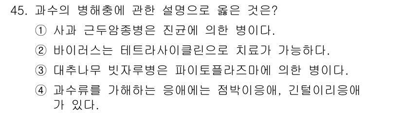 농산물품질관리사_1차 2017년 45번 - 정답이 '3'인 이유는 대추나무 빗자루병이 파이토플라스마에 의해 발생하는... 에 관한 핵심 기출문제