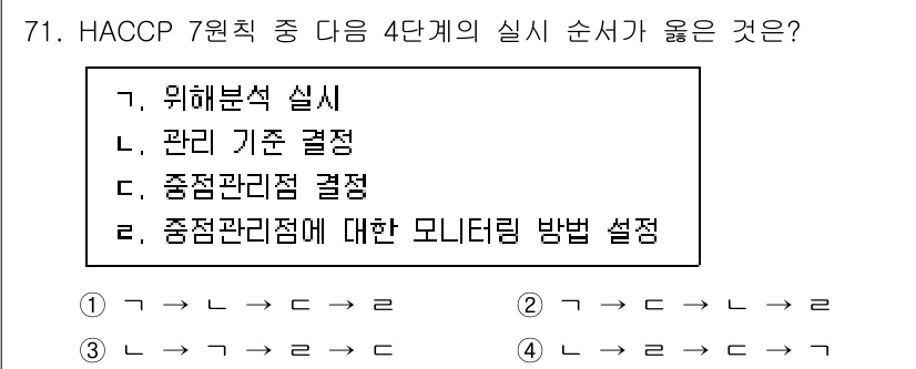 농산물품질관리사_1차 2017년 71번 - HACCP의 7원칙 중 실시에 관한 올바른 순서는 위험 분석 실시, 관리... 에 관한 핵심 기출문제