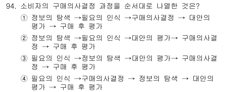 농산물품질관리사_1차 2017년 94번 - 소비자의 구매의사결정 과정은 '필요의 인식' 단계에서 시작하여 정보를 탐... 에 관한 핵심 기출문제