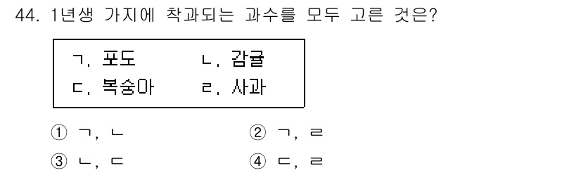 농산물품질관리사_1차 2018년 44번 - 정답 '1'인 이유는 '포도'와 '감귤'이 모두 1학년 과목으로 개설되기... 에 관한 핵심 기출문제