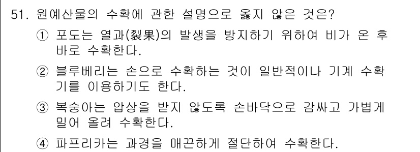 농산물품질관리사_1차 2018년 51번 - 정답이 '1'인 이유는 포도에서 열과의 발생을 방지하기 위한 수확 시점이... 에 관한 핵심 기출문제