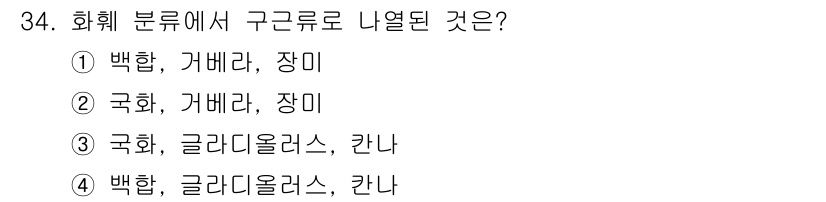 농산물품질관리사_1차 2019년 34번 - 해당 문제는 화훼 분류에서 구근류에 속하는 식물을 묻고 있습니다. 구근류... 에 관한 핵심 기출문제