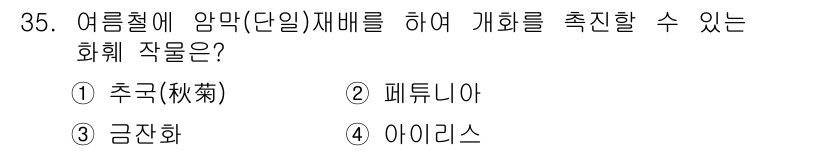 농산물품질관리사_1차 2019년 35번 - 여름철에 암막(단일) 재배를 통해 개화를 촉진할 수 있는 화훼 작물은 '... 에 관한 핵심 기출문제