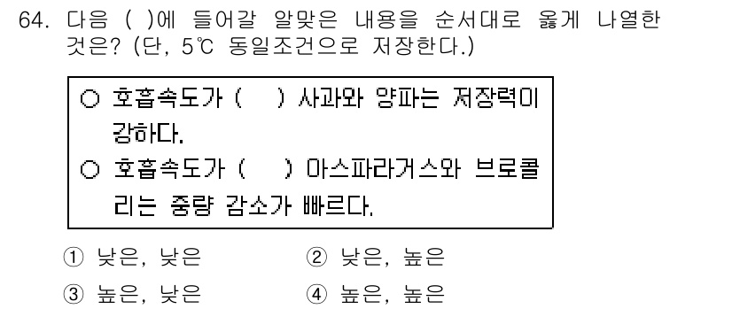 농산물품질관리사_1차 2019년 64번 - 온도가 낮으면 사과와 양파의 저장력이 강해지고, 높은 온도에서는 마스카라... 에 관한 핵심 기출문제