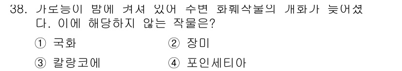 농산물품질관리사_1차 2020년 38번 - '장미'는 해가 부족한 밤에 개화하지 않는 대표적인 식물입니다. 다른 선... 에 관한 핵심 기출문제