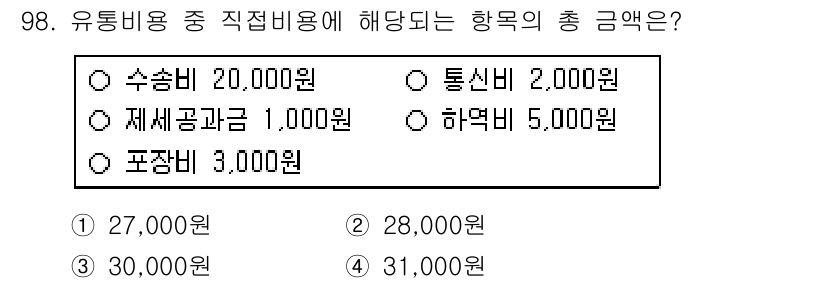 농산물품질관리사_1차 2020년 98번 - 직접 비용에 해당하는 항목은 수송비, 통신비, 재세공과금, 포장비, 하역... 에 관한 핵심 기출문제