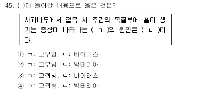 농산물품질관리사_1차 2021년 45번 - 사과나무에서 발생하는 증상은 일반적으로 고정병과 관련이 있습니다. 고정병... 에 관한 핵심 기출문제