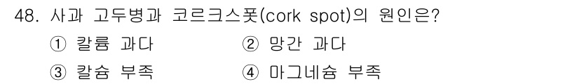 농산물품질관리사_1차 2021년 48번 - 코르크스폿(cork spot)의 원인은 주로 칼슘 부족으로 발생합니다. ... 에 관한 핵심 기출문제