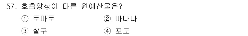 농산물품질관리사_1차 2021년 57번 - 정답인 '4. 포도'는 호흡 양상에서 다른 원예작물과 차별화됩니다. 토마... 에 관한 핵심 기출문제