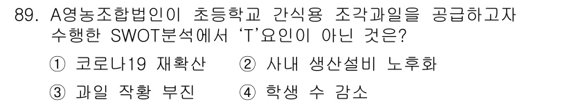 농산물품질관리사_1차 2021년 89번 - SWOT 분석에서 'T'는 외부 위협(Threat) 요소를 의미합니다. ... 에 관한 핵심 기출문제