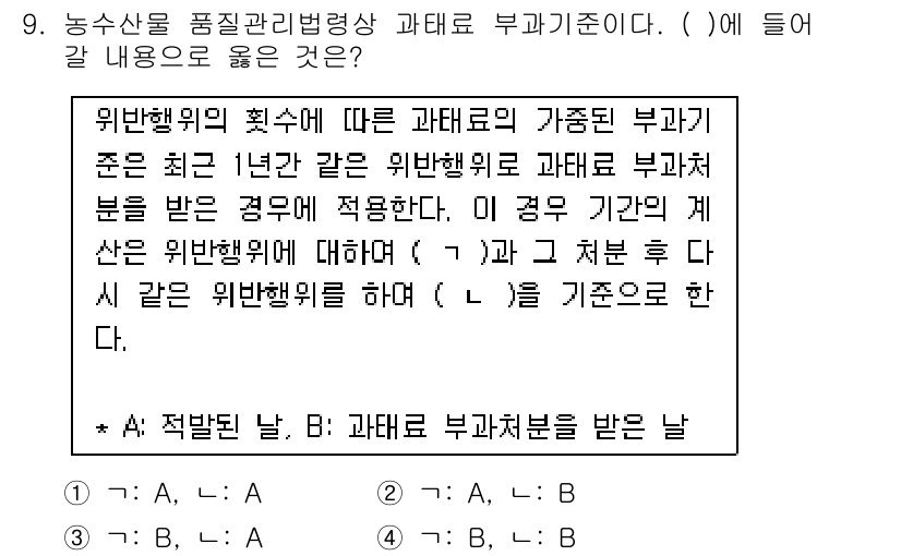 농산물품질관리사_1차 2021년 9번 - 주어진 문제는 과태료 부과 기준에 대한 내용으로, 위반행위의 최수에 따라... 에 관한 핵심 기출문제