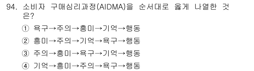 농산물품질관리사_1차 2021년 94번 - AIDMA는 소비자의 구매심리 과정을 나타내는 모델로, 순서는 '욕구(A... 에 관한 핵심 기출문제