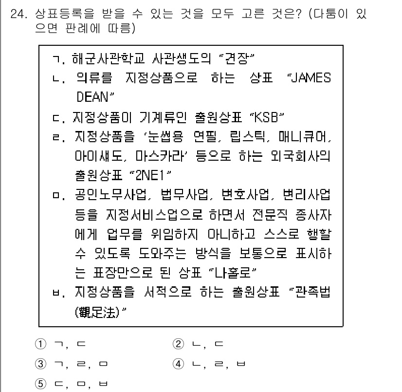 변리사_1차(1교시) 2021년 25번 - 정답 '5'는 전부 정당한 상표 등록이 가능한 항목들로 구성되어 있습니다... 에 관한 핵심 기출문제