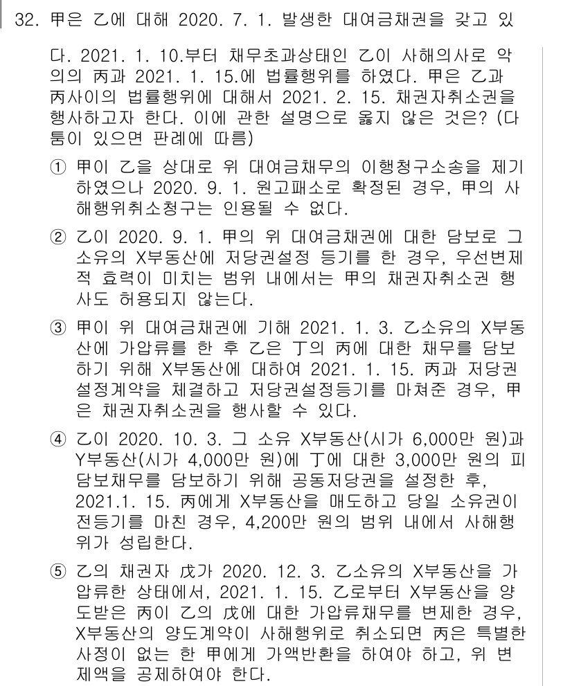 변리사_1차(2교시) 2021년 32번 - 이 문제에서 정답이 '5'인 이유는, 주어진 상황에서 채권자의 권리가 중... 에 관한 핵심 기출문제