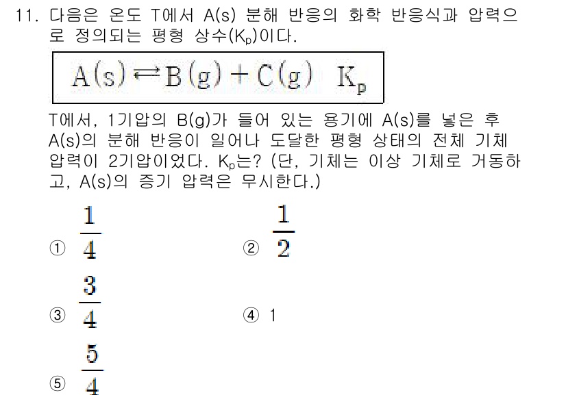 변리사_1차(3교시) 2021년 11번 - 주어진 문제에서 A(s)에 의한 반응의 화학 평형 상수 Kp를 구하는 방... 에 관한 핵심 기출문제