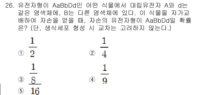 변리사_1차(3교시) 2021년 26번 - 유전자가 AaBbDd인 개체에서 유전형을 세대교체 없이 부모로부터 자손에... 에 관한 핵심 기출문제