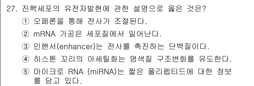 변리사_1차(3교시) 2021년 27번 - 정답 '4'는 히스톤 꼬리의 아세틸화가 유전자 발현에 중요한 역할을 하여... 에 관한 핵심 기출문제