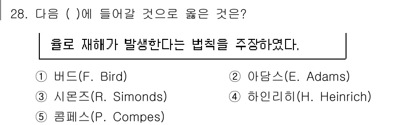 산업안전지도사 2021년 28번 - 정답 '4'인 하인리히(H. Heinrich)는 사고 발생의 원인을 분석... 에 관한 핵심 기출문제
