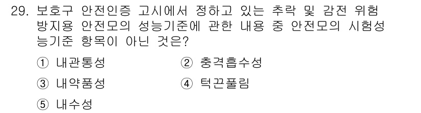 산업안전지도사 2021년 29번 - 정답 '3'은 '내약품성'이 안전모의 시험성능 기준 항목에 해당하지 않기... 에 관한 핵심 기출문제