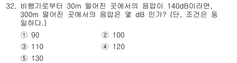 산업안전지도사 2021년 32번 - 음압레벨(dB)은 거리와 함께 감소하는 성질이 있습니다. 일반적으로 소리... 에 관한 핵심 기출문제