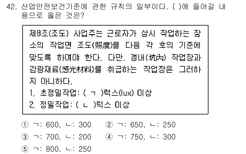 산업안전지도사 2021년 42번 - 제8조에 따르면, 작업장의 조도 기준은 초정밀 작업과 일반 작업으로 나뉩... 에 관한 핵심 기출문제