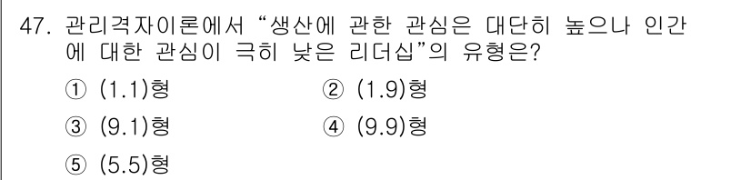 산업안전지도사 2021년 49번 - ‘생산에 관한 관심이 극히 낮은 리더십’은 일반적으로 리더가 조직의 생산... 에 관한 핵심 기출문제