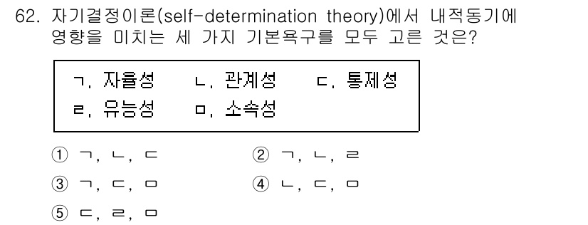 산업안전지도사 2021년 64번 - 자기결정이론에서 내적 동기에 영향을 미치는 세 가지 기본 욕구는 자율성,... 에 관한 핵심 기출문제