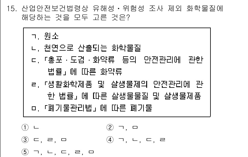 산업보건지도사 2021년 15번 - '4'가 정답인 이유는, 주어진 항목들이 모두 화학물질에 관련된 법률 및... 에 관한 핵심 기출문제