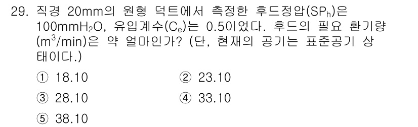 산업보건지도사 2021년 29번 - 이 문제는 주어진 파라미터를 통해 후드의 필요 환기량을 계산하는 과정이 ... 에 관한 핵심 기출문제