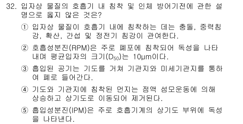 산업보건지도사 2021년 32번 - 정답 '2'는 호흡성분진(RPM)의 정의가 잘못되었기 때문입니다. RPM... 에 관한 핵심 기출문제