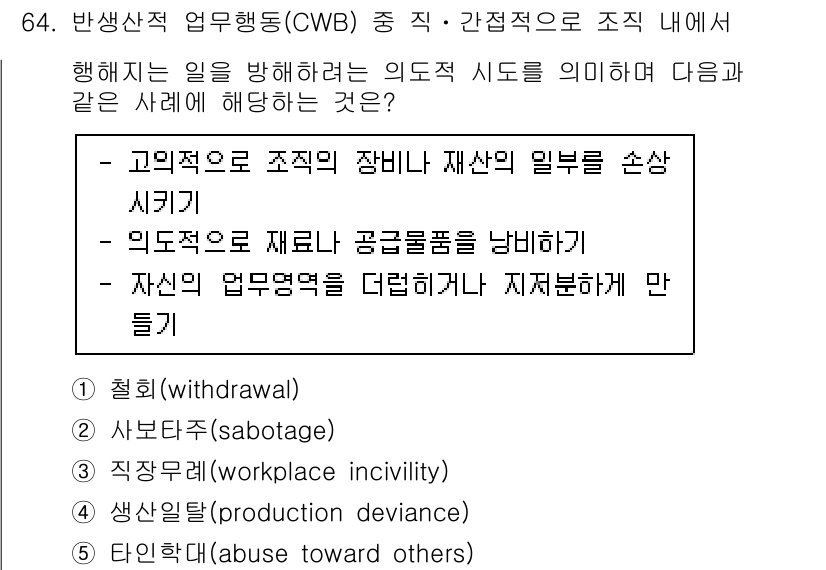 산업보건지도사 2021년 64번 - 주어진 문제에서 '사보타주(sabotage)'는 고의적으로 조직의 장비나... 에 관한 핵심 기출문제