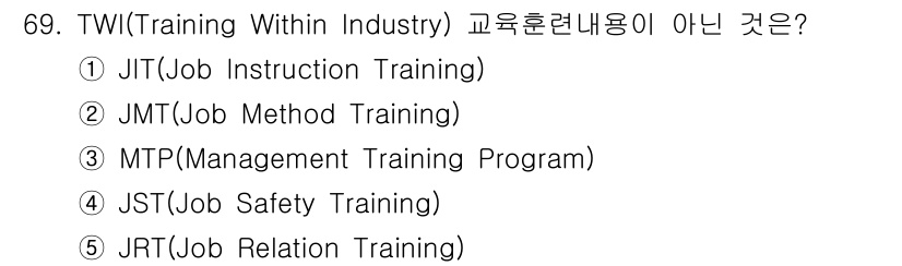 산업보건지도사 2021년 69번 - TWI(Training Within Industry)의 교육 훈련 내용에... 에 관한 핵심 기출문제