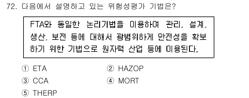 산업보건지도사 2021년 72번 - 위험성 평가 기법 중 FTA(고장수목법)와 HAZOP(위험성과 운전 가능... 에 관한 핵심 기출문제