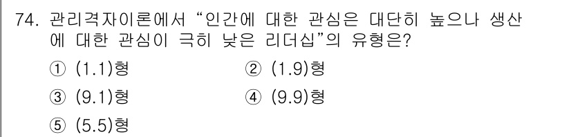 산업보건지도사 2021년 74번 - 관리적 이론에서 "인간에 대한 관심이 극히 낮은 리더십"은 주로 생산성에... 에 관한 핵심 기출문제