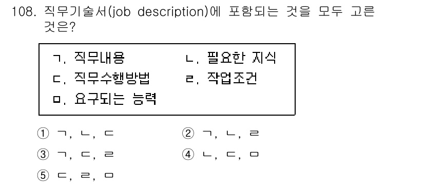 가맹거래사 2021년 108번 - . 직무기술서(job description)에는 직무내용,직무수행방법,작... 에 관한 핵심 기출문제