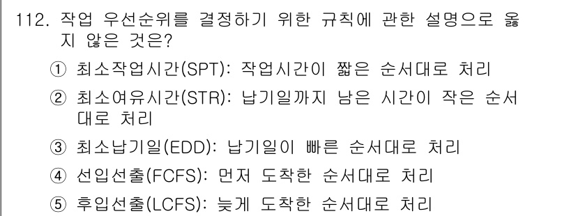 가맹거래사 2021년 112번 - . 정답인 이유는 최솟값 우선순위 규칙(STR)은 일반적으로 시간이 적게... 에 관한 핵심 기출문제