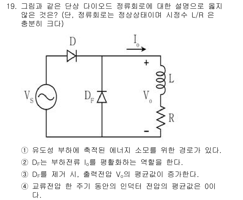 9급_국가직_공무원_전기기기 2021년 19번 - 주어진 회로에서 D는 부하전류 \( I_o \)를 평활화하는 역할을 하며... 에 관한 핵심 기출문제