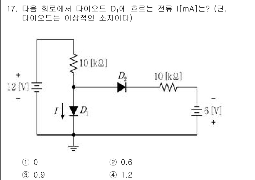 9급_국가직_공무원_전자공학개론 2021년 17번 - 다이오드 D1은 순방향으로 연결되어 있지 않으므로, 전류가 흐르지 않습니... 에 관한 핵심 기출문제